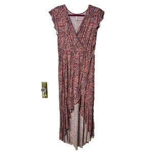 Grecerelle Womens Dress XL Pink Paisley Cap Sleeve Ruffle V Neck Elastic Waist